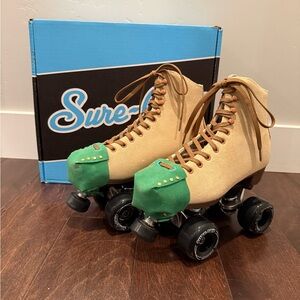 Tan and Green Roller Skates